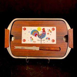 Vtg Quality Imports Cheeseboard Cheese Serving Board/Knife Berggren Rooster Tile